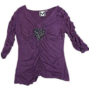 Y2K Ruched Sequin Heart Embellished Top Women Small Purple Whimsigoth Indie Boho